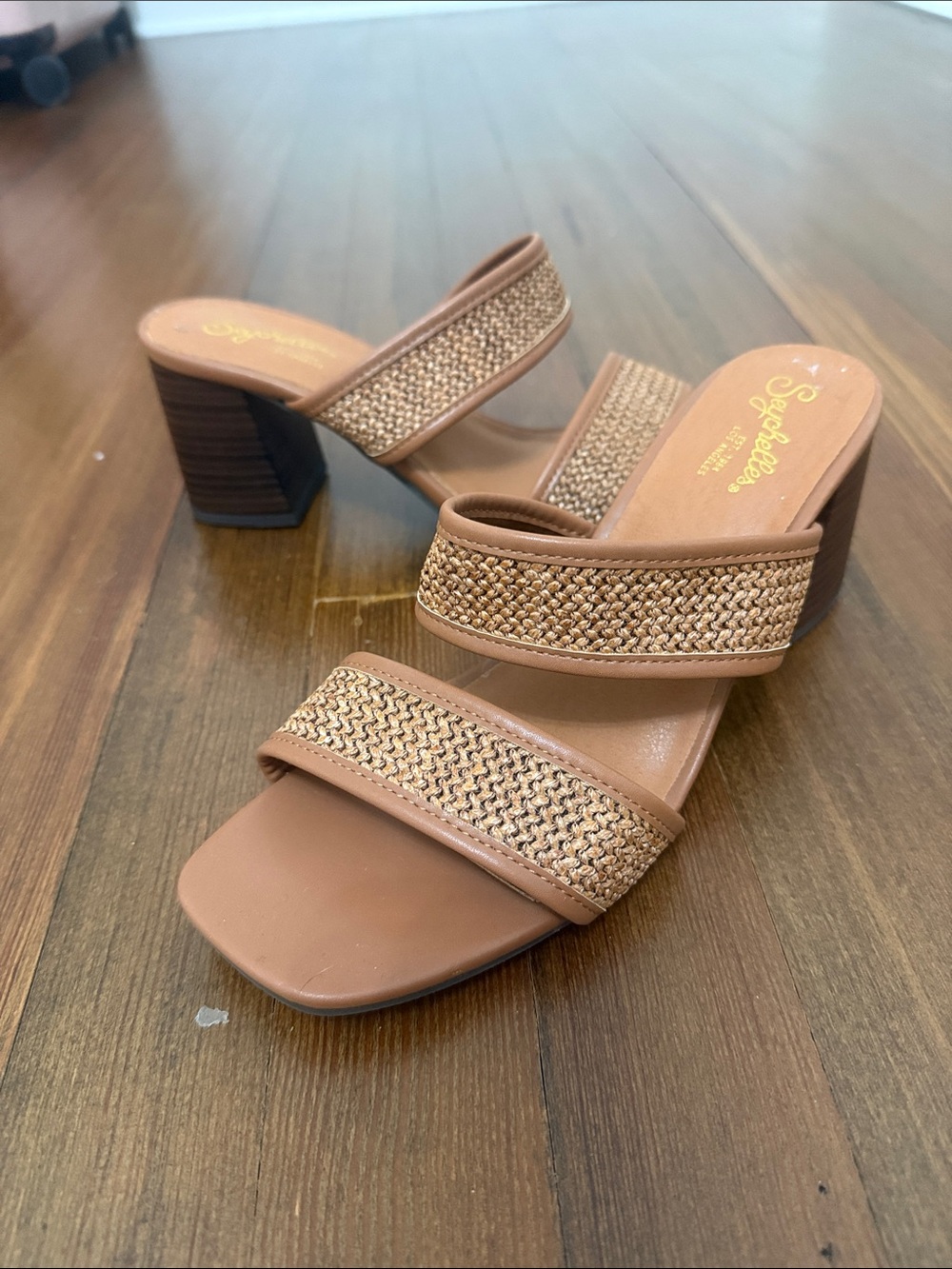 Brown Woven-Trim Block Heel Sandals